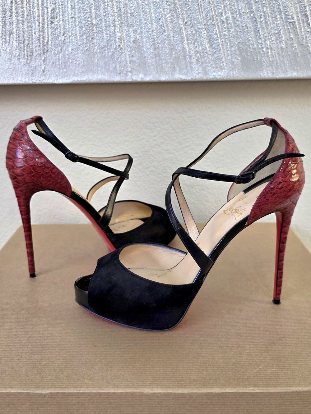 Christian Louboutin Black Suede Red Python Platform Sandals EU 38.5 / Fits US 8